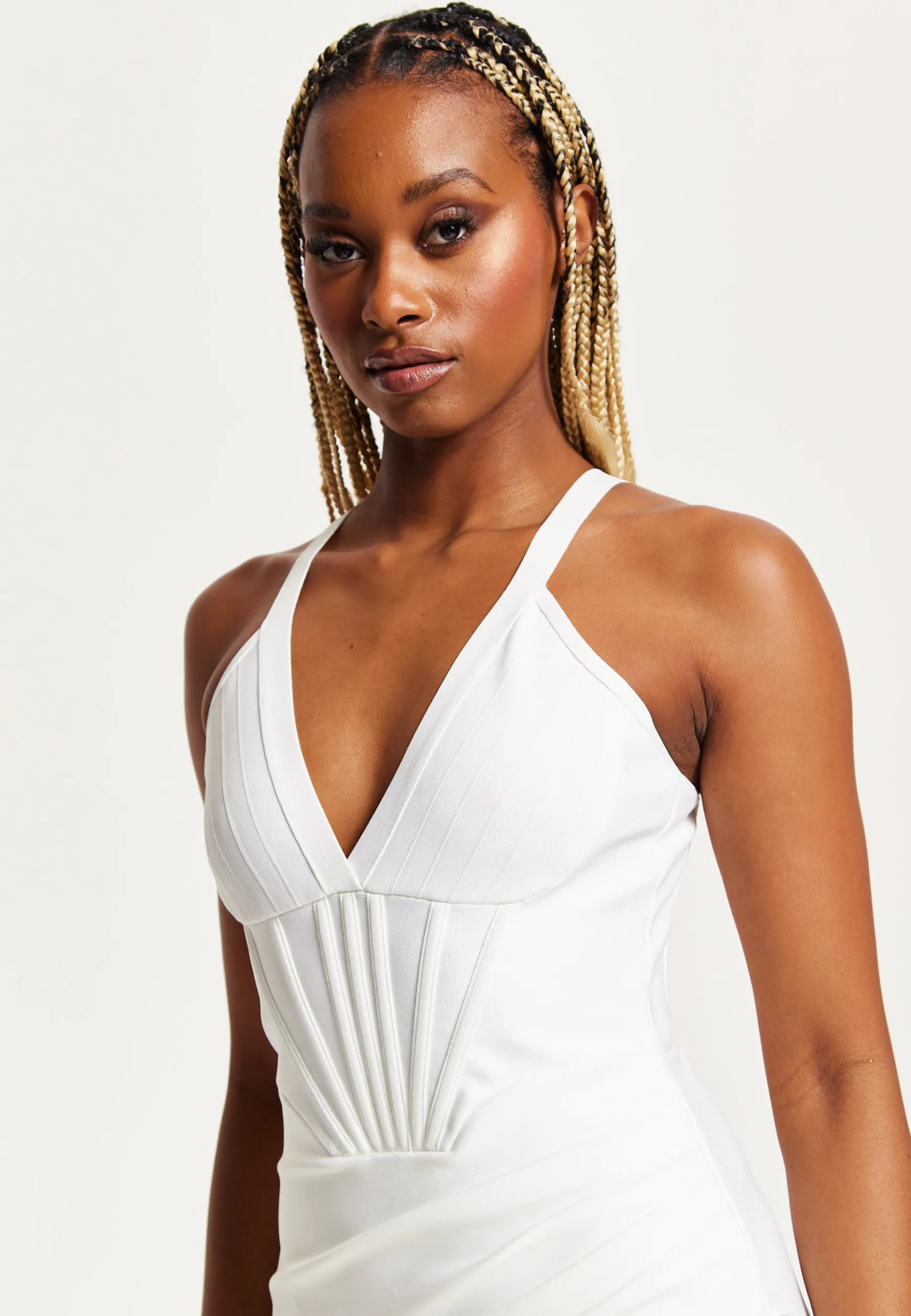 Women's Mini Corset Dress, Sleeveless V-Neck, Knitted, White, Bodycon Fit