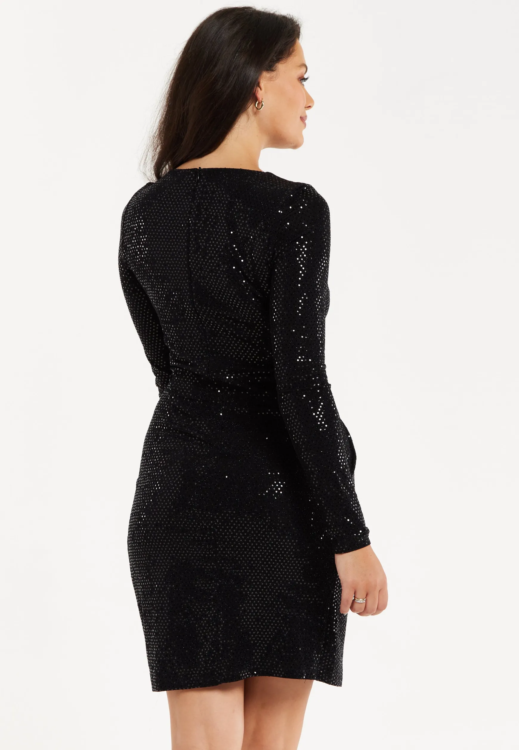 Women’s Mini Dress, Black Ruched Sequin Dress with Long Sleeves, Elegant All-Over Sequin Finish, Knee-Length Design