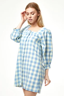Women's Mini Dress, Blue Gingham Puff Sleeve, Button-Up Front, Oversized Fit, 3/4 Sleeve Length