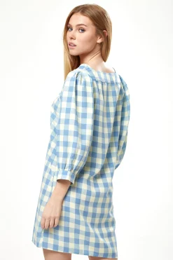 Women's Mini Dress, Blue Gingham Puff Sleeve, Button-Up Front, Oversized Fit, 3/4 Sleeve Length