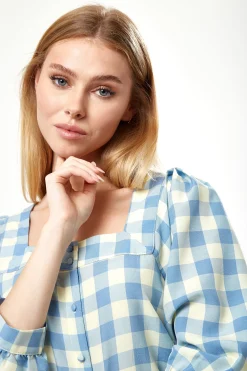 Women's Mini Dress, Blue Gingham Puff Sleeve, Button-Up Front, Oversized Fit, 3/4 Sleeve Length