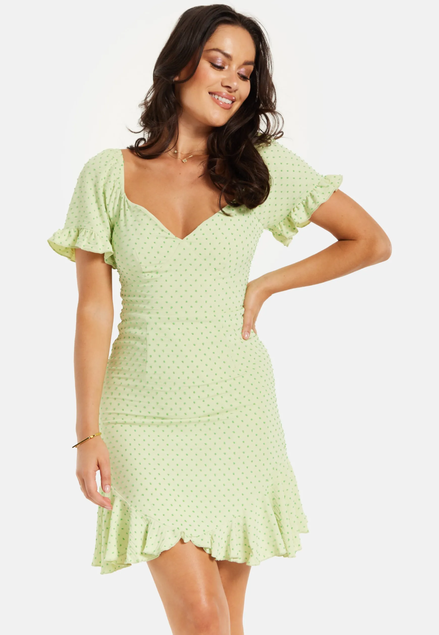 Women’s Mini Dress, Green Polka Dot Frill Detail with Angel Sleeves