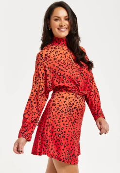 Women's Mini Dress, High Neck, Long Sleeve, Orange Animal Print, Tie Detail, Regular Fit