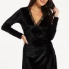Women's Mini Dress in Black Velvet with Long Sleeves and Lace Details - Regular Fit by Liquorish