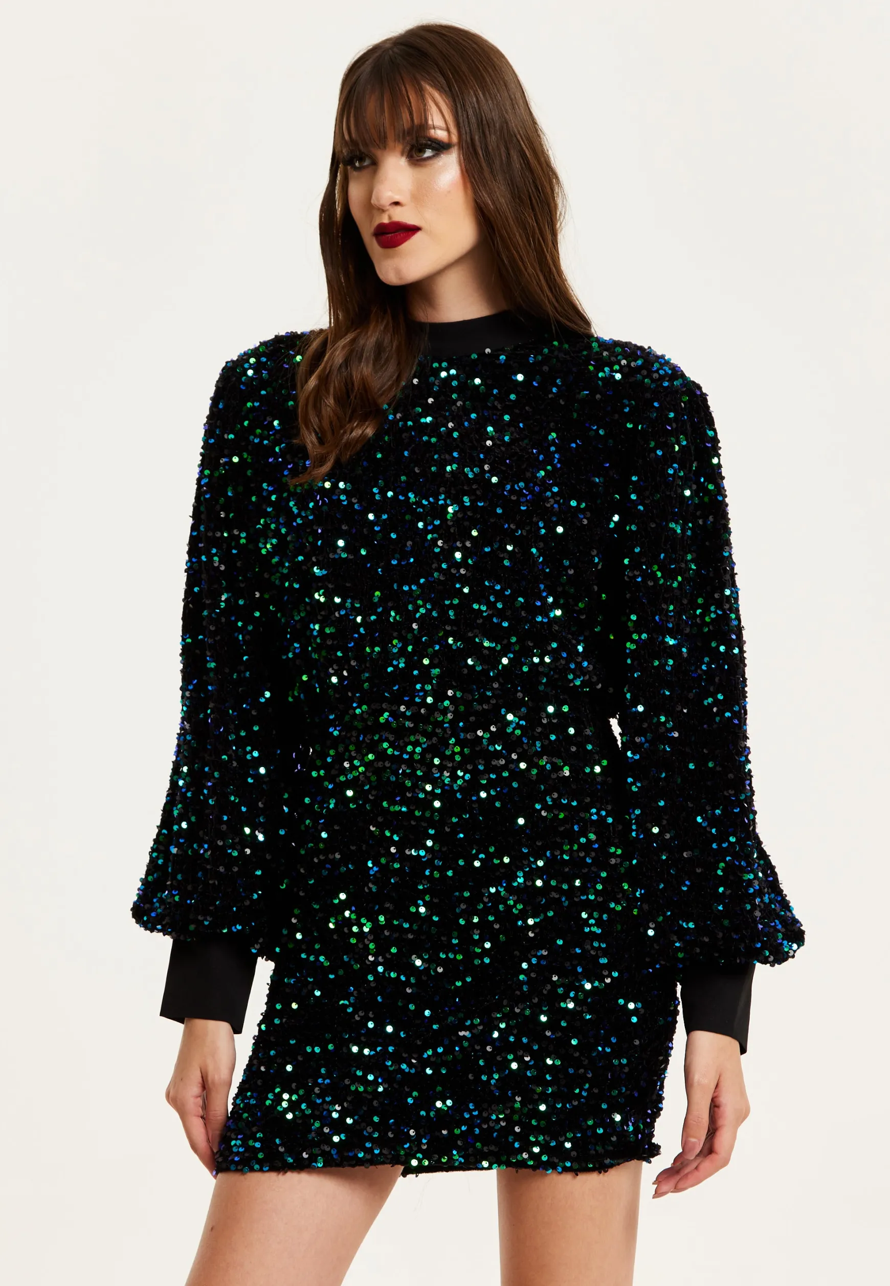 Women's Mini Dress in Black Velvet with Green and Blue Sequins, Long Sleeves, Stylish Open Back - Liquorish