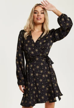 Women's Mini Dress in Black with Long Sleeves, Gold Star & Polka Dot Print Wrap Design - Liquorish