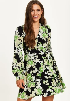 Women's Mini Dress in Black with Long Sleeves and Green Floral Print Wrap Style - Liquorish