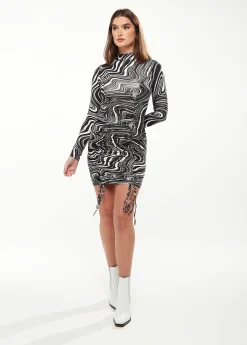 Women's Mini Dress in Black & White Marble Print with High Neck and Long Sleeves