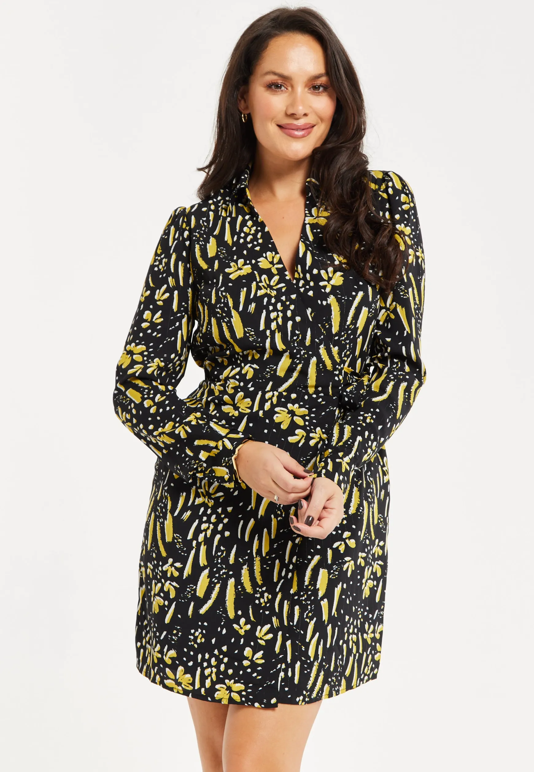 Women's Mini Dress in Black & Yellow with Long Flared Sleeves, Collar Tie-Side Detail - Liquorish