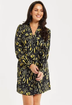 Women's Mini Dress in Black & Yellow with Long Flared Sleeves, Collar Tie-Side Detail - Liquorish
