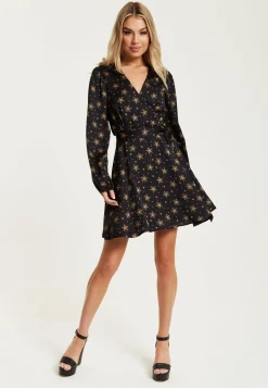 Women's Mini Dress in Black with Long Sleeves, Gold Star & Polka Dot Print Wrap Design - Liquorish