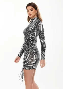 Women's Mini Dress in Black & White Marble Print with High Neck and Long Sleeves