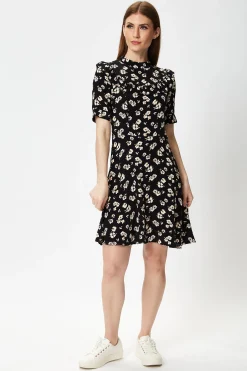 Women's Mini Dress in Black with Floral Print and Short Sleeves, Elegant Frill Details, Perfect for Any Occasion - Liquorish