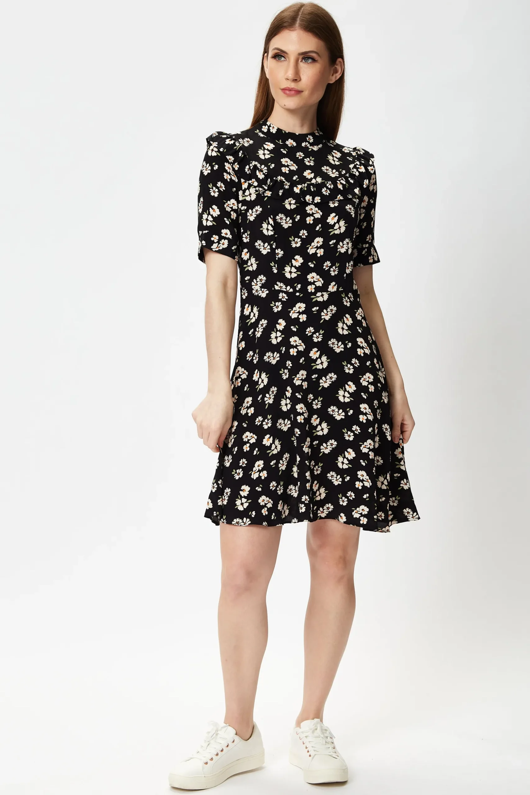 Women's Mini Dress in Black with Floral Print and Short Sleeves, Elegant Frill Details, Perfect for Any Occasion - Liquorish