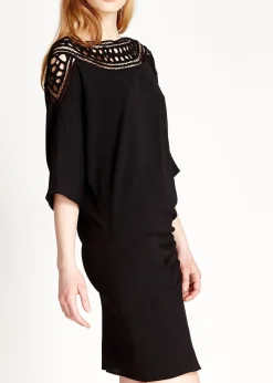 Women's Mini Dress in Black with 3/4 Sleeves and Crochet Insert - Divine Grace by Liquorish