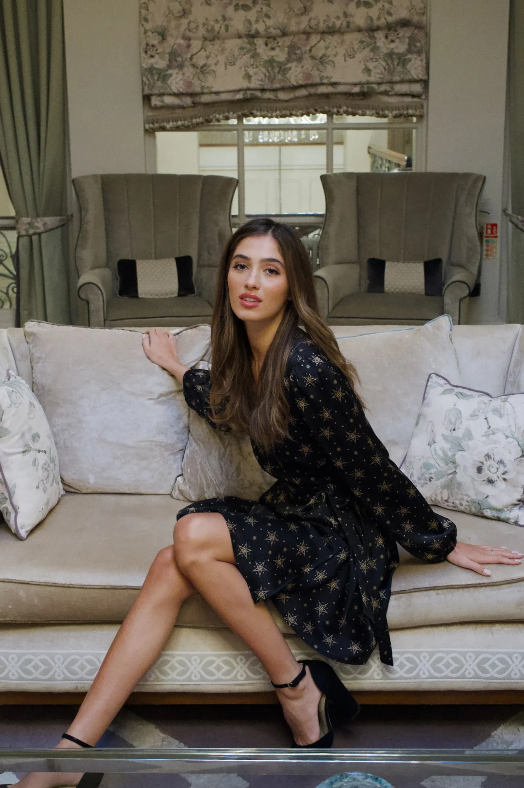 Women's Mini Dress in Black with Long Sleeves, Gold Star & Polka Dot Print Wrap Design - Liquorish