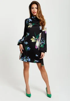 Women’s Mini Dress in Black with Long Balloon Sleeves and Floral Print Elegance by Liquorish