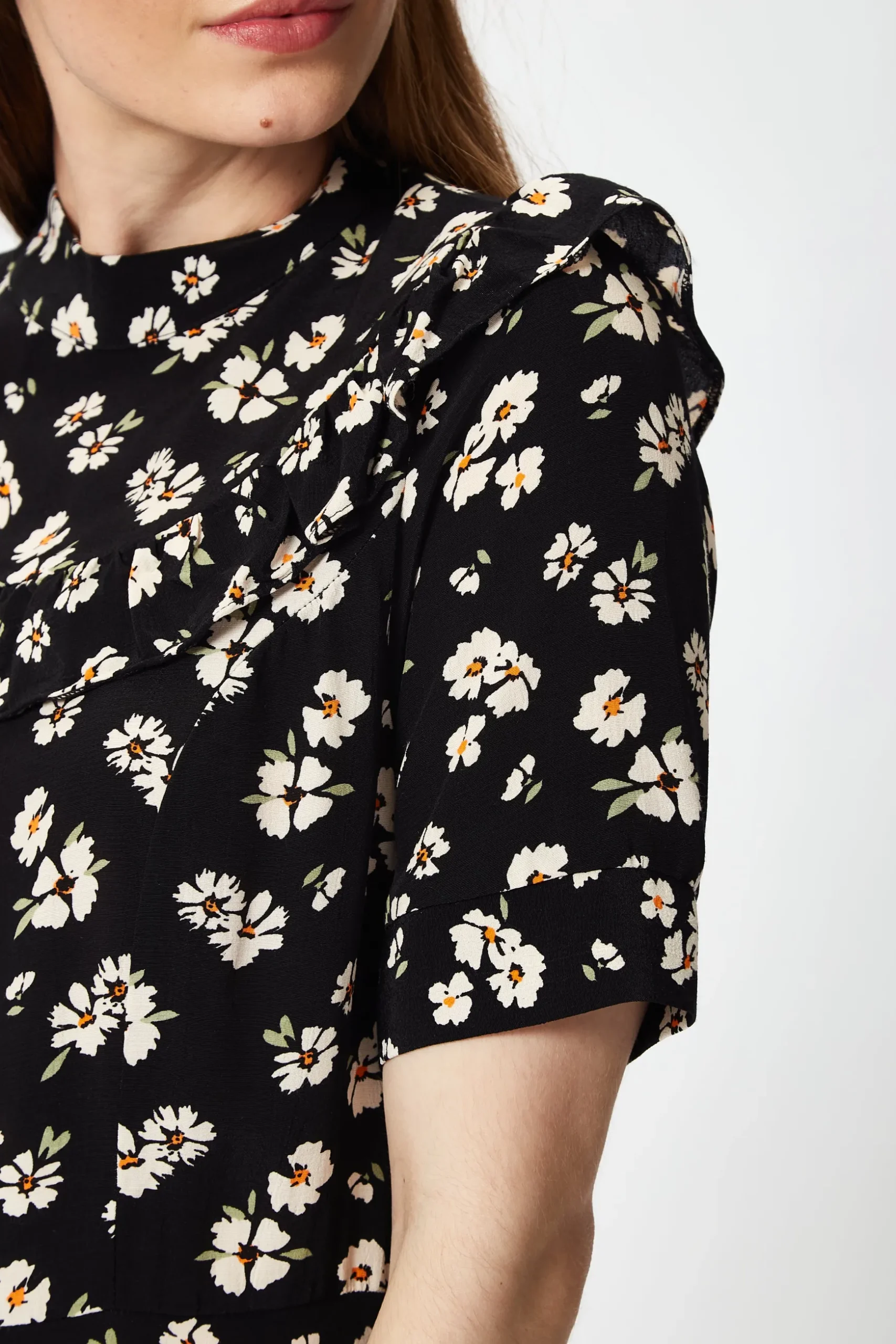 Women's Mini Dress in Black with Floral Print and Short Sleeves, Elegant Frill Details, Perfect for Any Occasion - Liquorish
