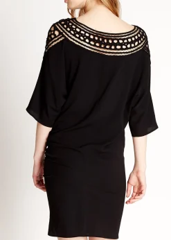 Women's Mini Dress in Black with 3/4 Sleeves and Crochet Insert - Divine Grace by Liquorish