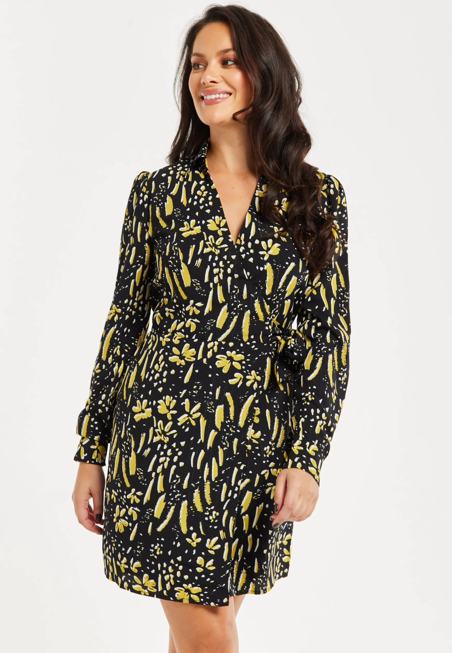 Women's Mini Dress in Black & Yellow with Long Flared Sleeves, Collar Tie-Side Detail - Liquorish