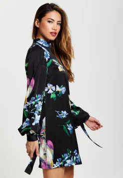 Women’s Mini Dress in Black with Long Balloon Sleeves and Floral Print Elegance by Liquorish