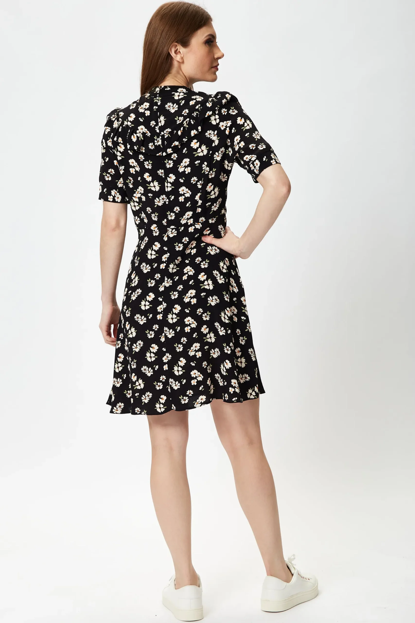 Women's Mini Dress in Black with Floral Print and Short Sleeves, Elegant Frill Details, Perfect for Any Occasion - Liquorish