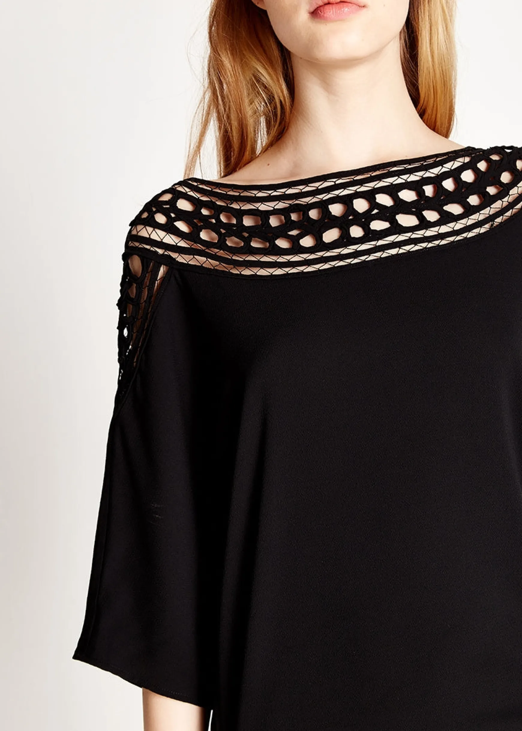 Women's Mini Dress in Black with 3/4 Sleeves and Crochet Insert - Divine Grace by Liquorish