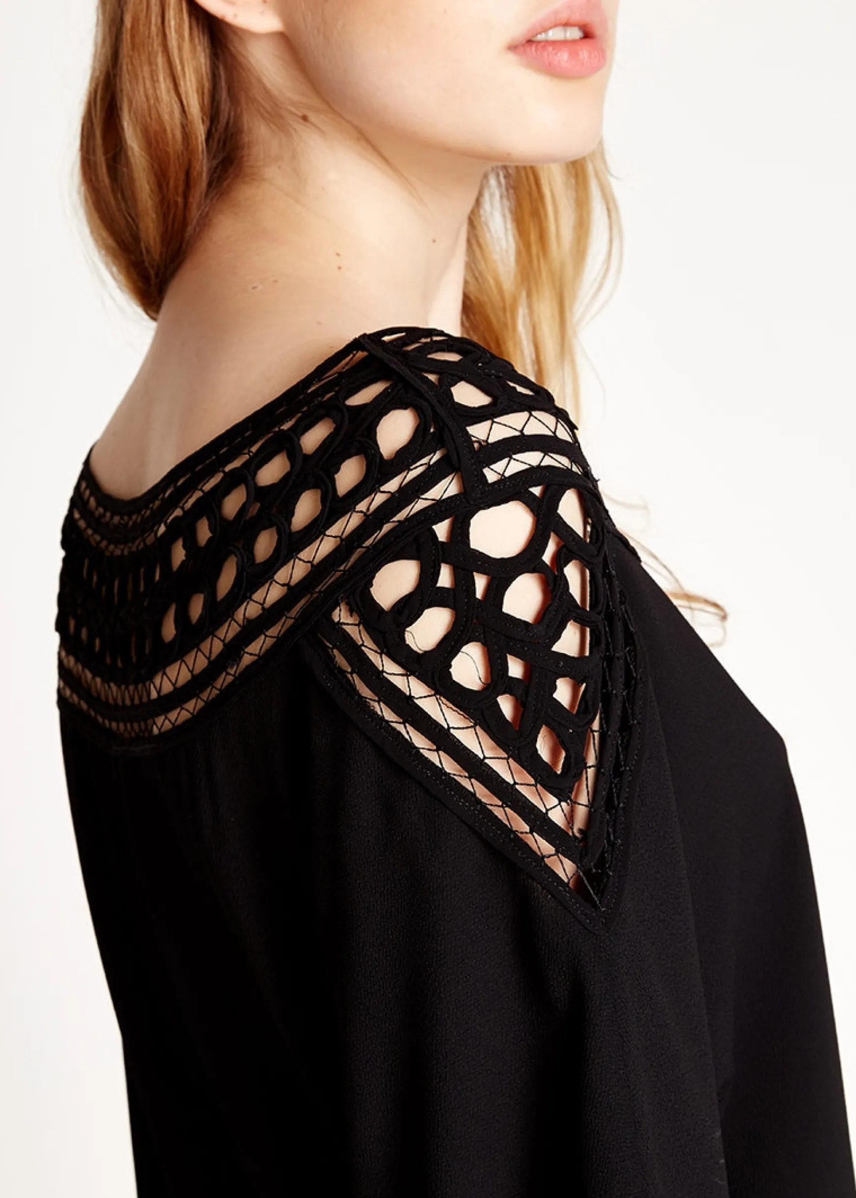Women's Mini Dress in Black with 3/4 Sleeves and Crochet Insert - Divine Grace by Liquorish