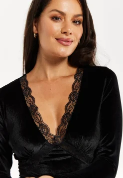 Women's Mini Dress in Black Velvet with Long Sleeves and Lace Details - Regular Fit by Liquorish
