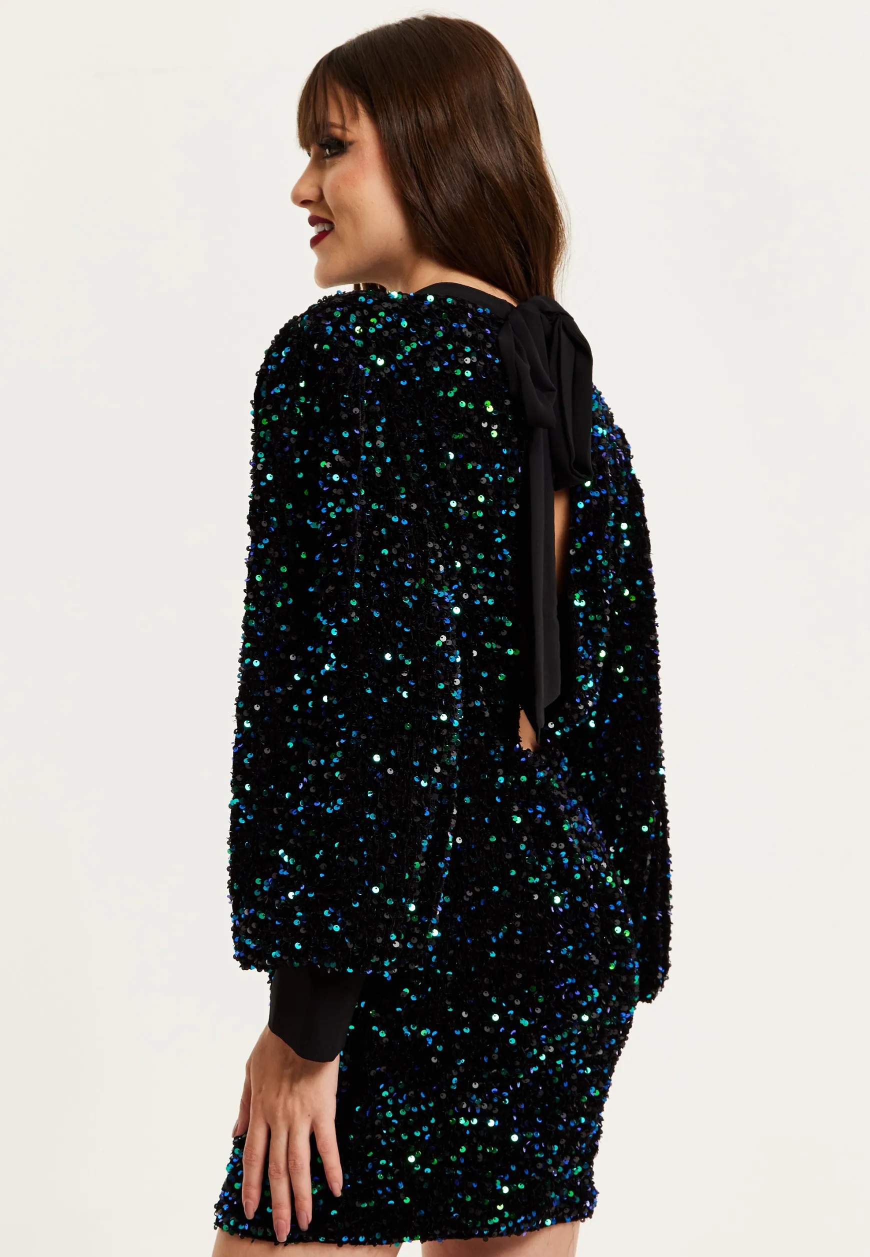 Women's Mini Dress in Black Velvet with Green and Blue Sequins, Long Sleeves, Stylish Open Back - Liquorish