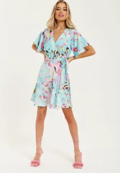 Women's Mini Dress in Blue with Short Sleeves, Abstract Print Wrap Style, Elegant Tie Waist - Liquorish