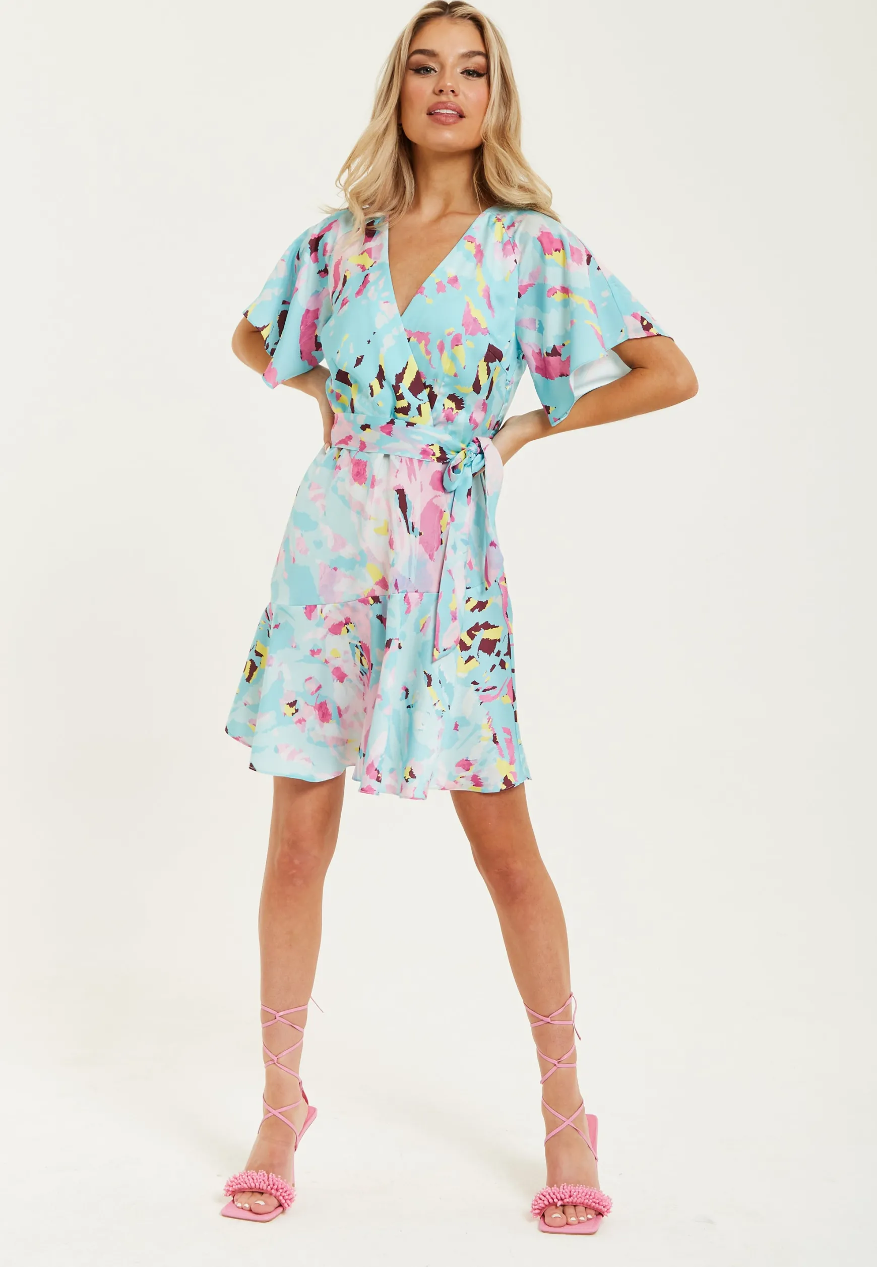 Women's Mini Dress in Blue with Short Sleeves, Abstract Print Wrap Style, Elegant Tie Waist - Liquorish