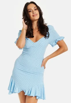 Women's Mini Dress in Blue with Polka Dot Print and Frill Detail