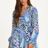Women's Mini Dress in Blue with Long Sleeves and Mixed Animal Print Wrap Design - Liquorish