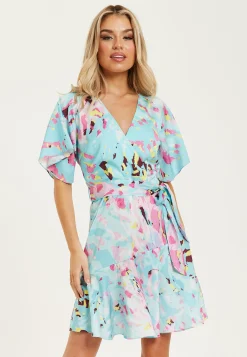 Women's Mini Dress in Blue with Short Sleeves, Abstract Print Wrap Style, Elegant Tie Waist - Liquorish