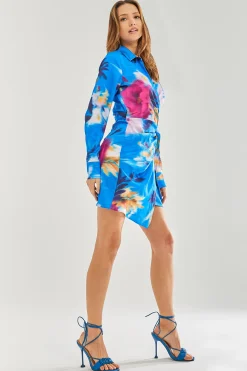 Women's Mini Dress in Blue Floral Satin with Long Sleeves and Waist Tie - Stylish Wrap Design by Liquorish