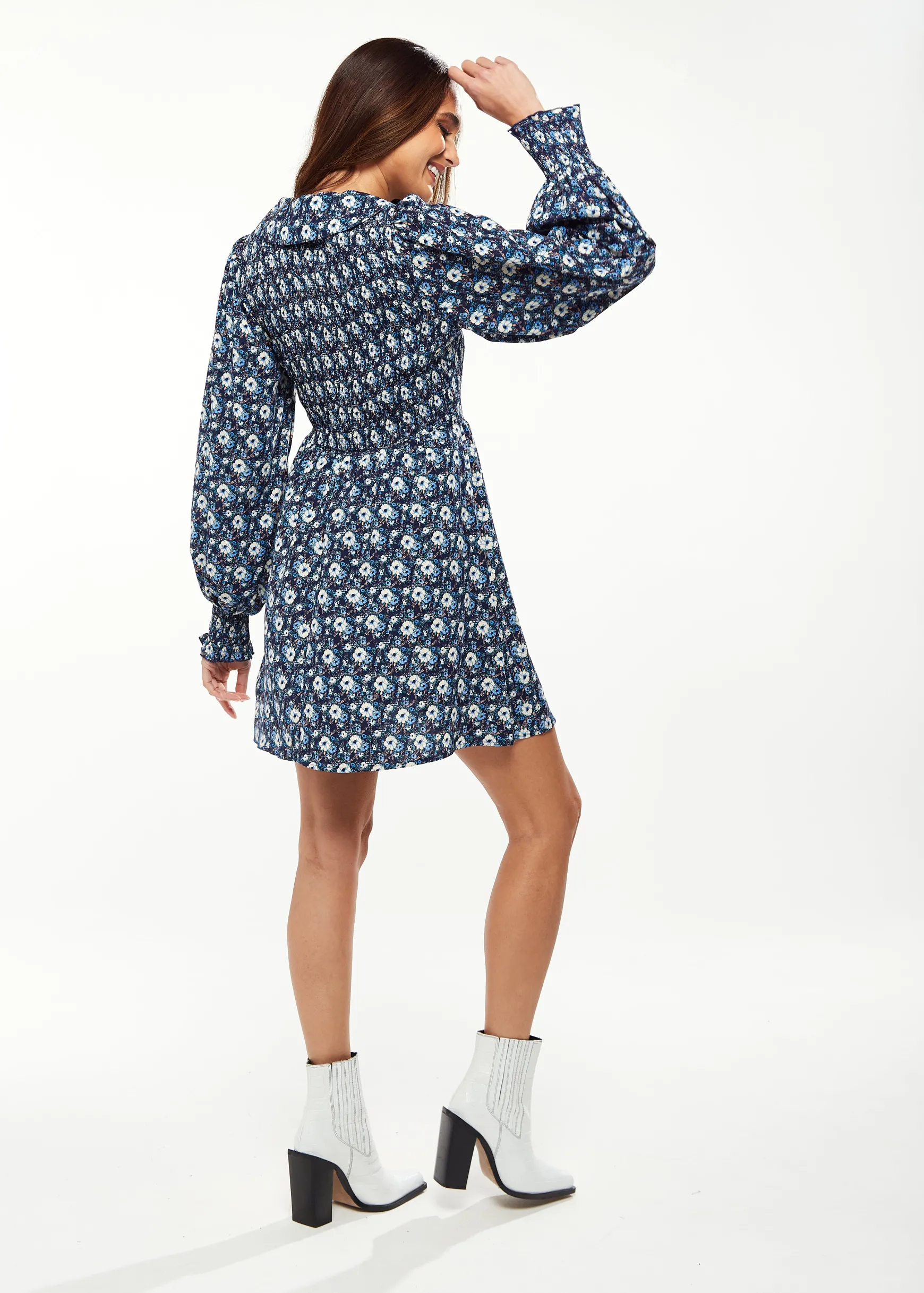 Women's Mini Dress in Blue with Balloon Sleeves and Peter Pan Collar - Floral Print Smock Design by Liquorish