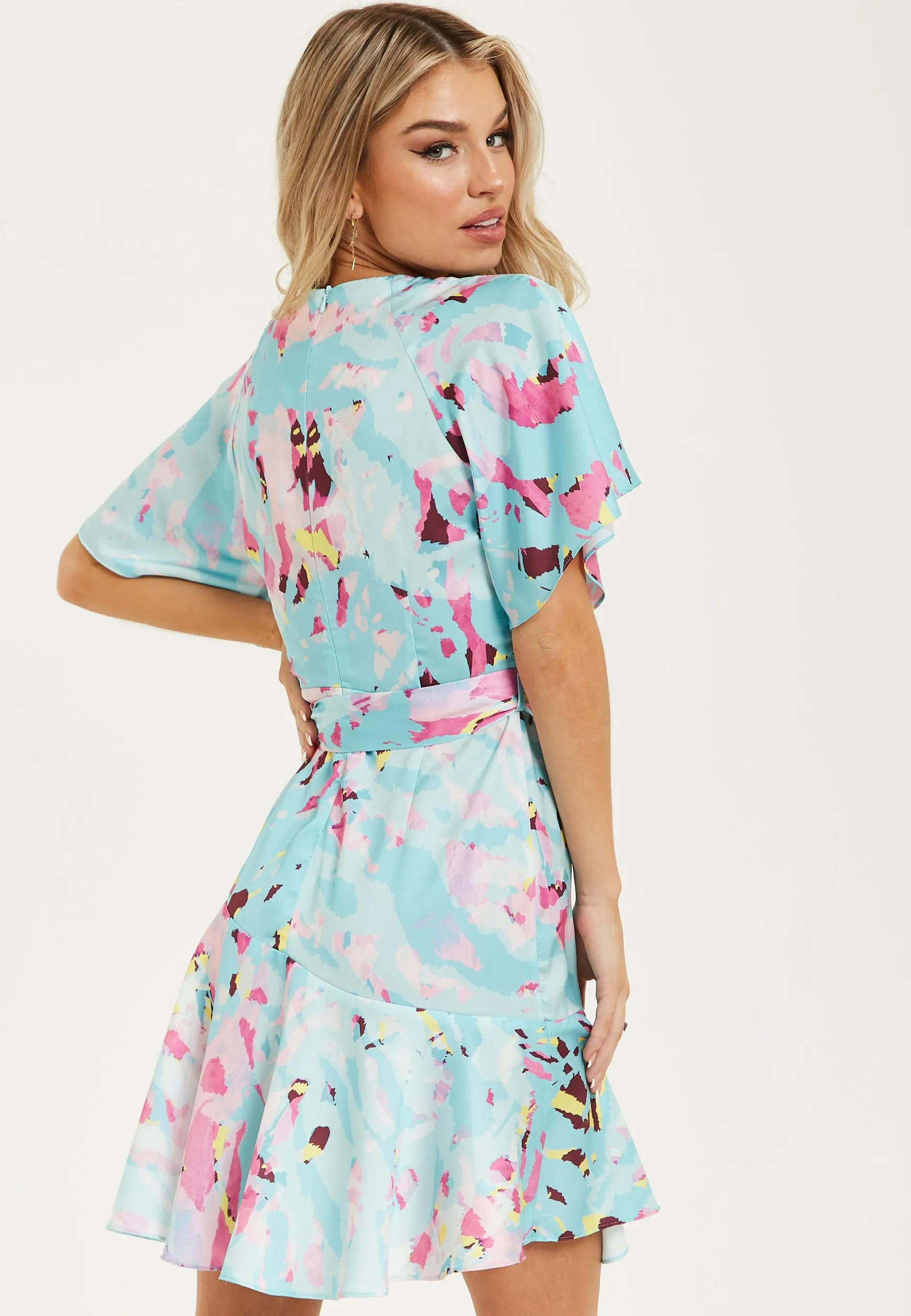 Women's Mini Dress in Blue with Short Sleeves, Abstract Print Wrap Style, Elegant Tie Waist - Liquorish