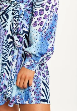Women's Mini Dress in Blue with Long Sleeves and Mixed Animal Print Wrap Design - Liquorish