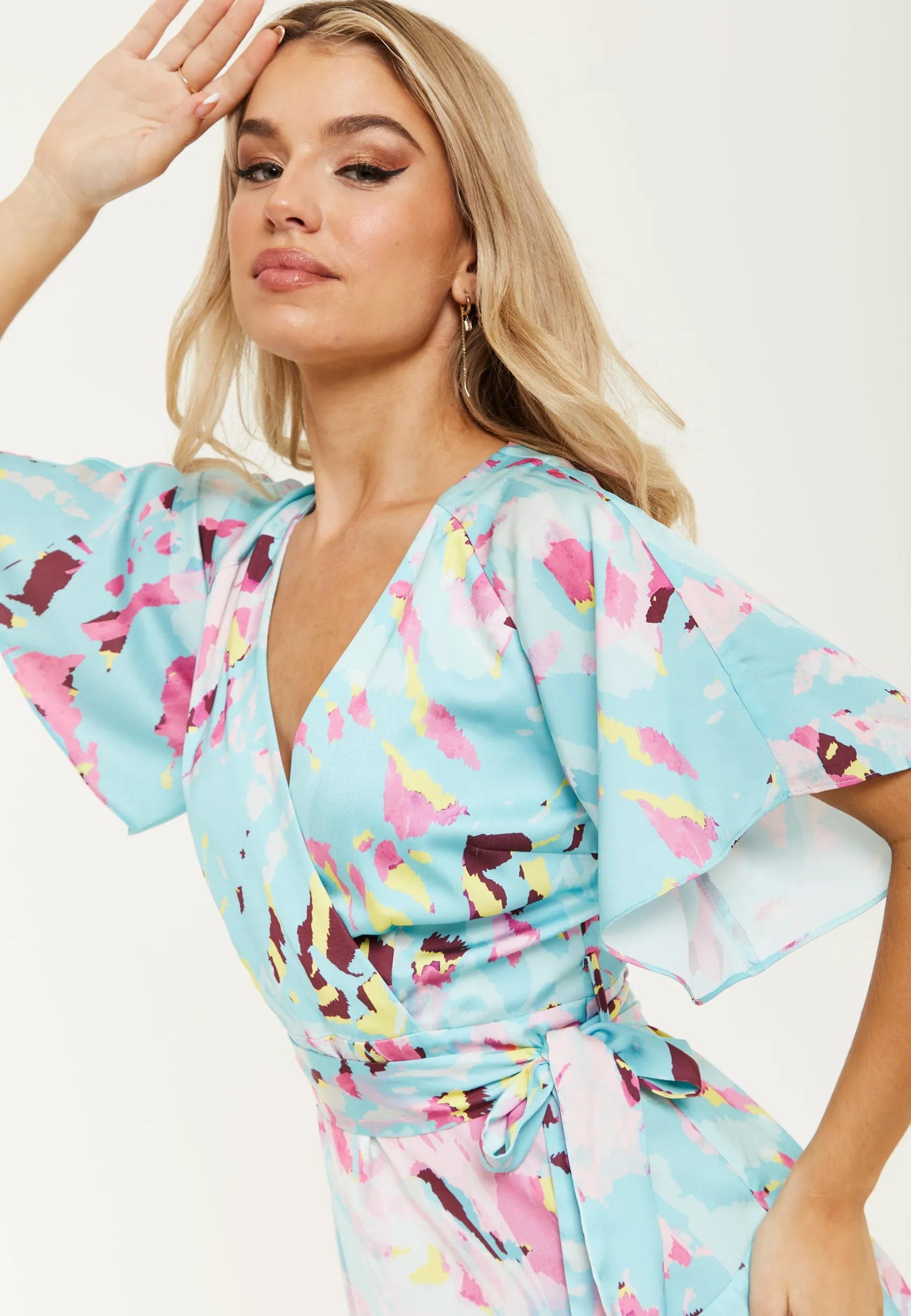 Women's Mini Dress in Blue with Short Sleeves, Abstract Print Wrap Style, Elegant Tie Waist - Liquorish