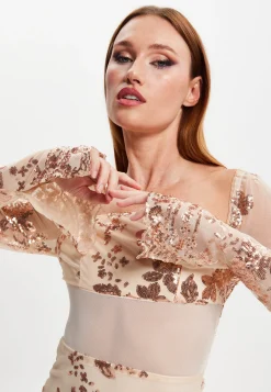 Women's Mini Dress in Champagne with Long Sleeves and Sequin Finish by Liquorish