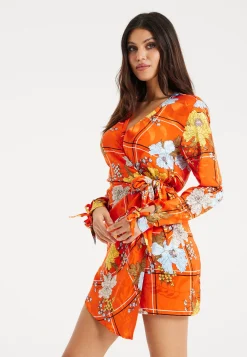 Women's Mini Dress in Checked Floral Print with Long Sleeves and Wrap Style – Stylish Elegance by Liquorish