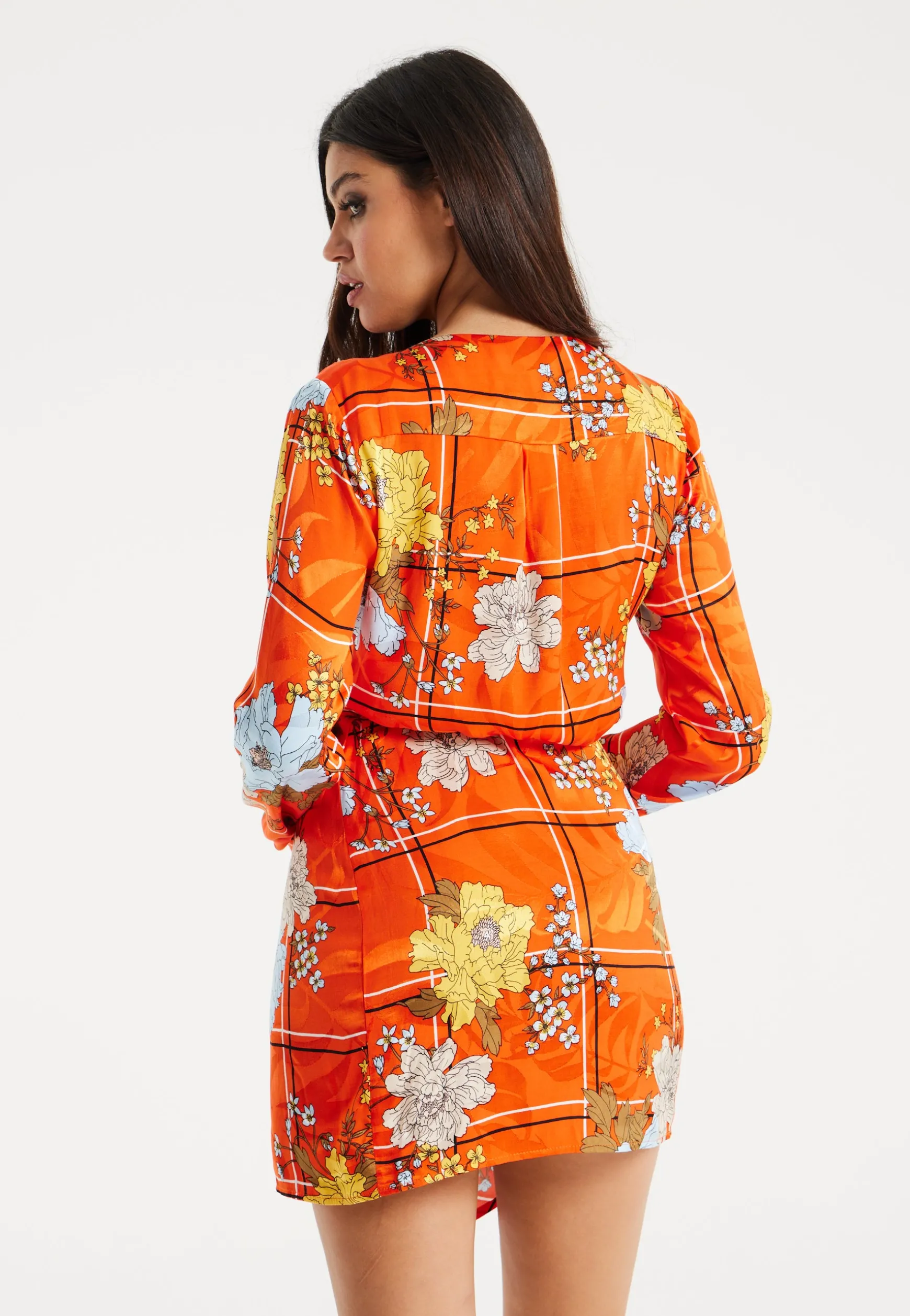 Women's Mini Dress in Checked Floral Print with Long Sleeves and Wrap Style – Stylish Elegance by Liquorish