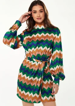 Women's Mini Dress in Cool Tones with Puffy Sleeves and Gathered Waist - Exclusive Liquorish
