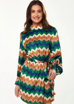 Women's Mini Dress in Cool Tones with Puffy Sleeves and Gathered Waist - Exclusive Liquorish