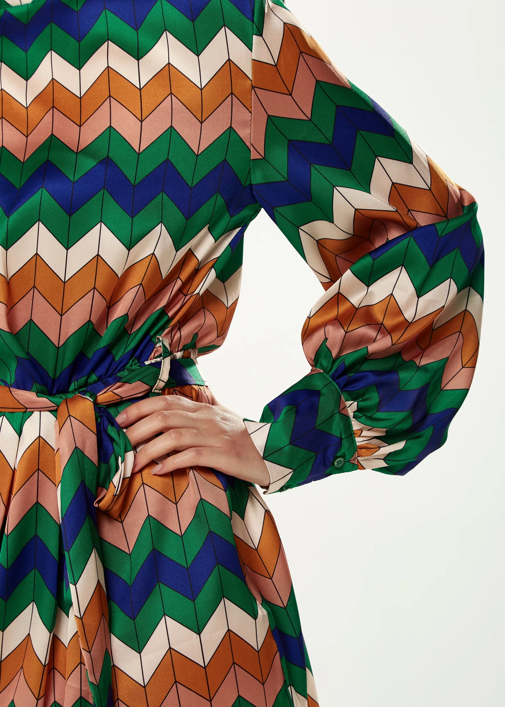 Women's Mini Dress in Cool Tones with Puffy Sleeves and Gathered Waist - Exclusive Liquorish