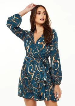 Women's Mini Dress in Dark Green with Long Sleeves and Scribble Print Wrap Style - Liquorish