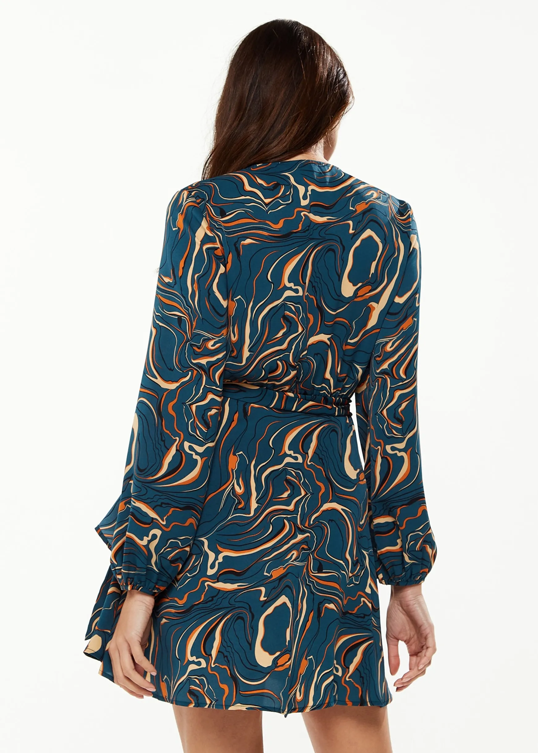 Women's Mini Dress in Dark Green with Long Sleeves and Scribble Print Wrap Style - Liquorish