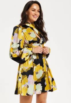 Women's Mini Dress in Earth Tone with Long Balloon Sleeves and Abstract Floral Print - Liquorish