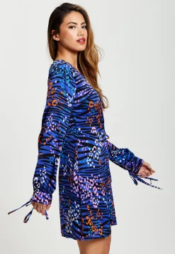 Women's Mini Dress in Electric Blue with Long Balloon Sleeves and Satin Wrap Design - Liquorish